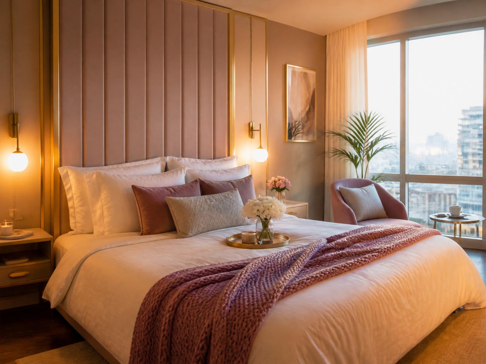 Cozy staycation bedroom with warm golden light